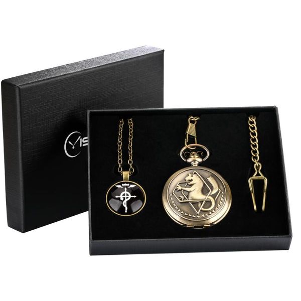 Taschenuhren Fullmetal Alchemist Serie Quarzuhr Geschenksets für Anime Boy Geburtstagsgeschenk Box Halskette Anhänger Antik ClockPocket