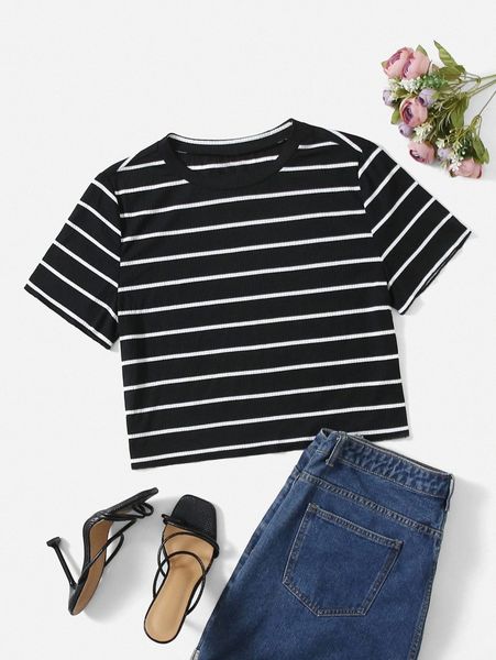 

plus striped print tee t4za#, Black