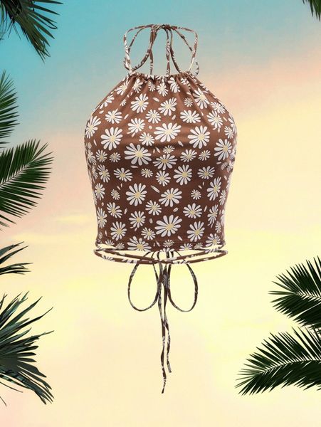 

daisy print lace up knot backless halter 16yx#, White