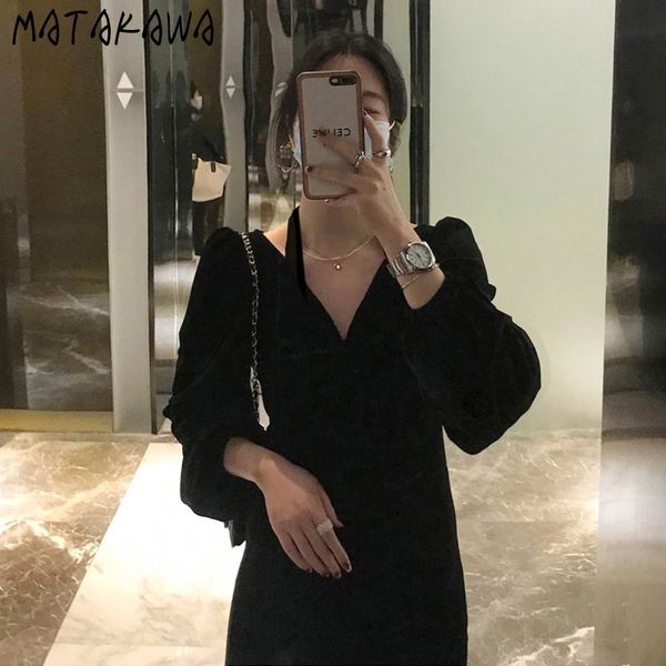 

halter neck vneck velvet dress female korean spring slim waist split femme robe puff sleeve black vestido 210506, Black;gray