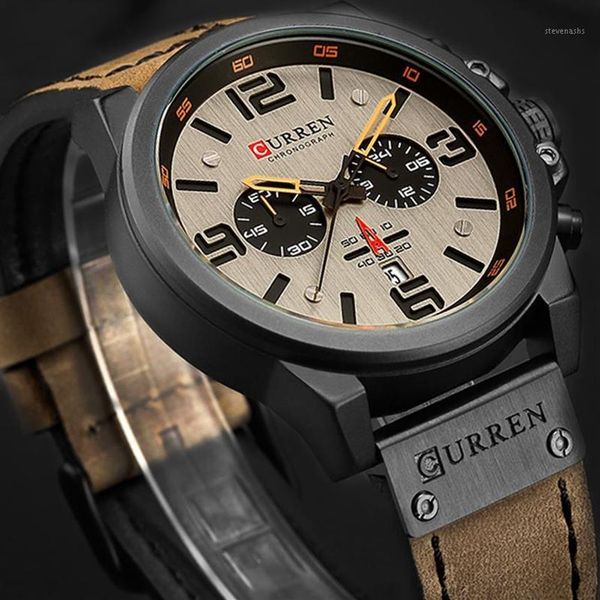 

2020 chronograph men watch curren quartz men wristwatches male leather sport watches relogio masculino1257b, Slivery;brown