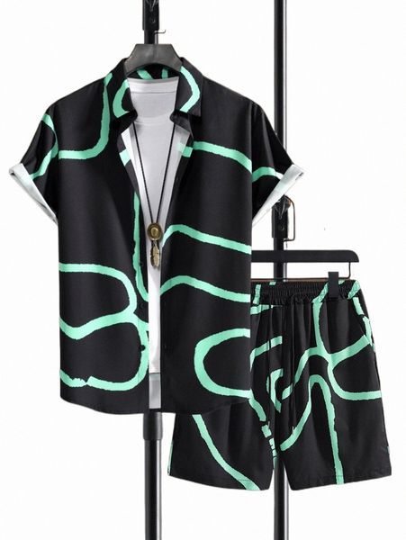 

men graphic print shirt & drawstring waist shorts without tee b5i6#, Gray