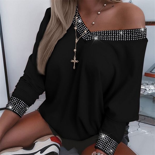 

rhinestones v neck long sleeve casual tee women autumn winter black solid oversized t shirt streetwear y2k clothes 220628, White