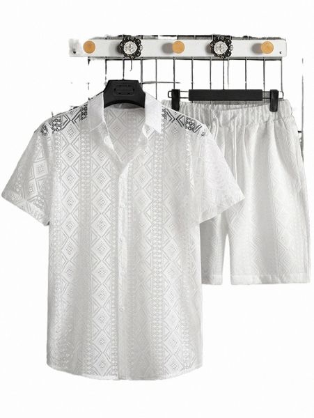 

men hollow out lace shirt & shorts w63o#, Gray