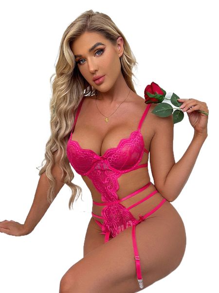 

floral lace scallop trim cut-out underwire teddy bodysuit c1x8#, Black;red