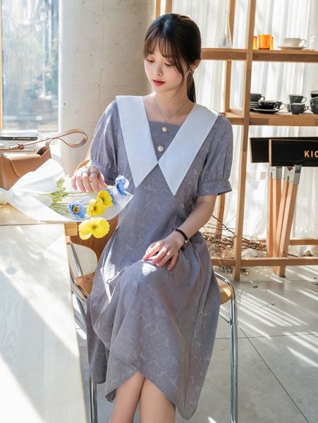 

dazy contrast collar puff sleeve floral print a-line dress 84no#, Black;gray