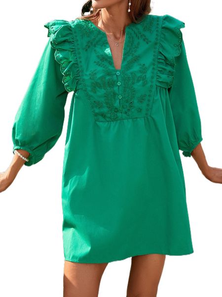 

eyelet embroidery ruffle trim bishop sleeve dress s9ob#, Black;gray