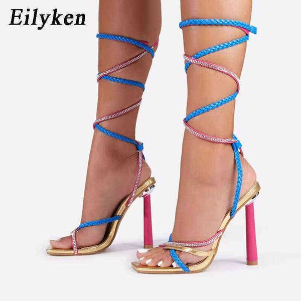 

sandals eilyken summer narrow band ankle strap women's high heels strappy square head female stripper shoes sandalias de mujer 220317, Black