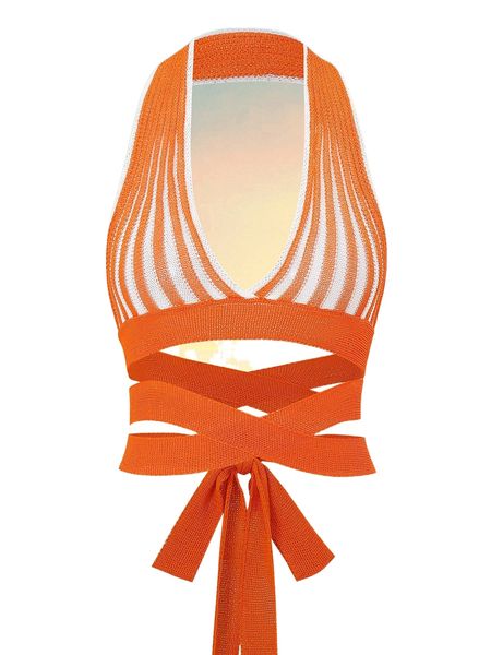 

striped pattern criss-cross tie backless halter knit f3fv#, White;black