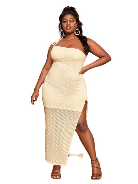 

sxy plus waffle knit knotted shoulder split thigh dress 194n#, Black