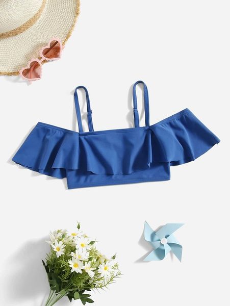 

toddler girls plain ruffle hem off the shoulder bikini she, Blue
