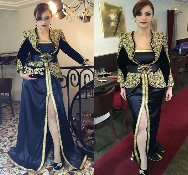 Karakou Algerien Black Arabic Prom Vestidos 2022 Manga longa Peplum Gold Lace Front Slit Dubai Vestido de vestido de noite