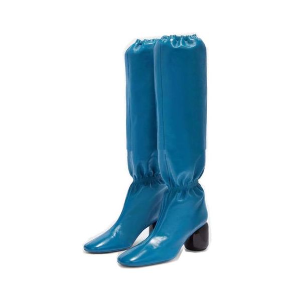 

2022 new style sheepskin leather knee boots knight booties casual party dress shoes 8cm chunky heels almond shaped toes elastic tension forc, Black