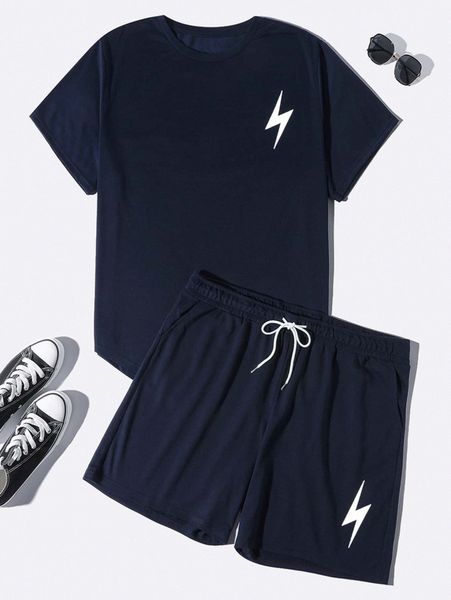 

extended sizes men lightning print tee & drawstring waist shorts i5tu#, Gray