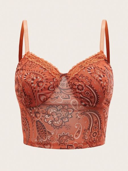 

paisley print lace detail cami 536i#, White