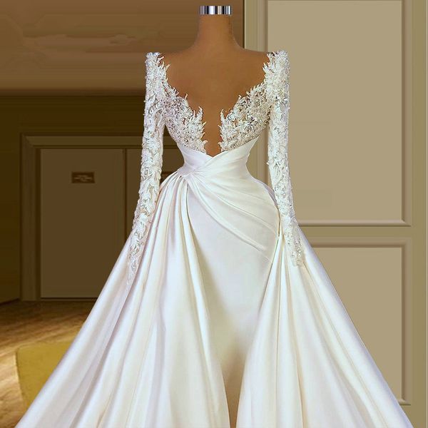 

elegant long sleeve wedding dress 2021 deep v neck satin beaded bridal gowns custom made luxury robes 0331, White
