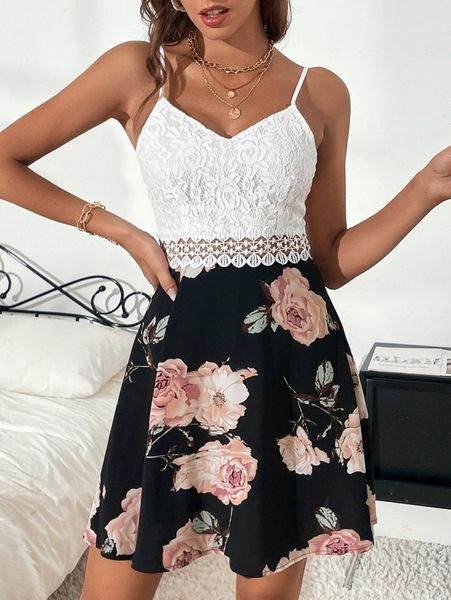 

floral print guipure lace insert cami dress i8wv#, Black;gray