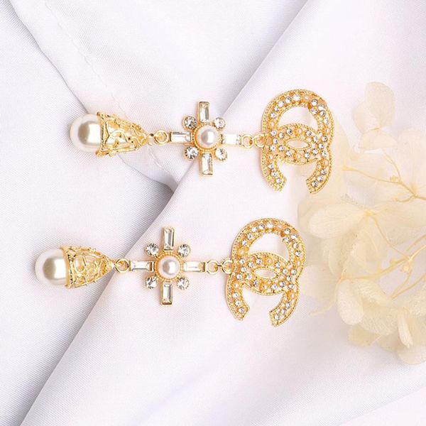 

2colors 18k gold plated ear stud earrings brand designers geometry letters luxury women crystal rhinestone pearl earring wedding party jewer, Golden;silver