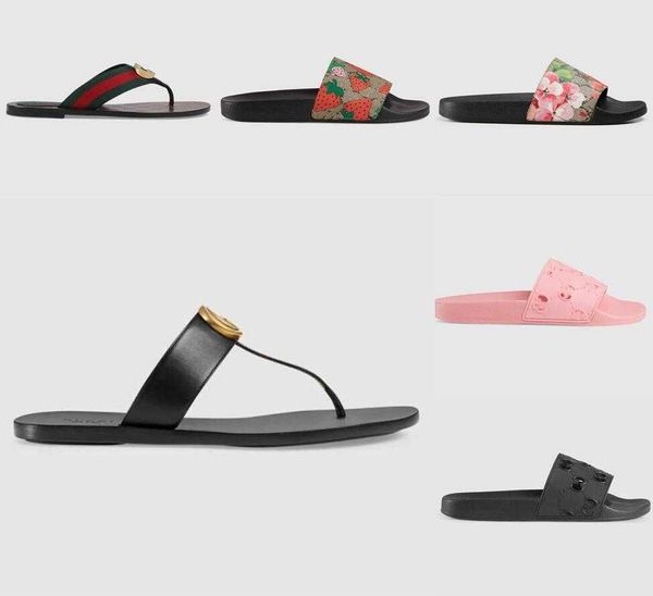 

2022 men women slippers designer rubber slides sandal flat blooms designers strawberry tiger bees green red white web fashion shoes beach, Black
