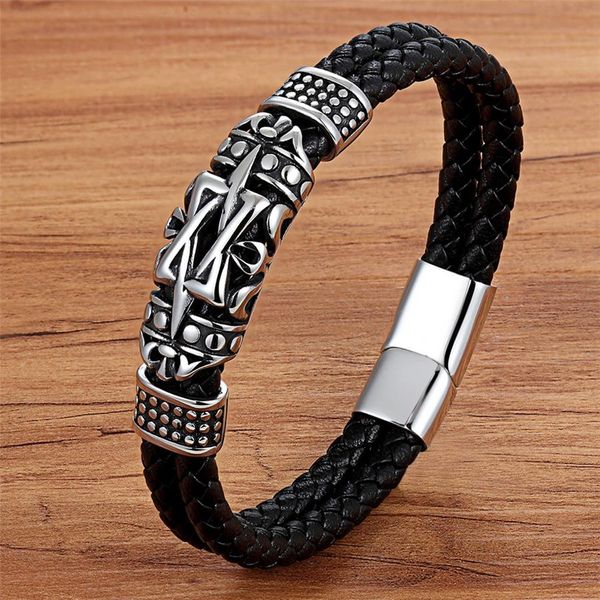 

punk style ancient strands architecture totem elegant small adorn article genuine leather bracelet double layer hand jewelry, Black