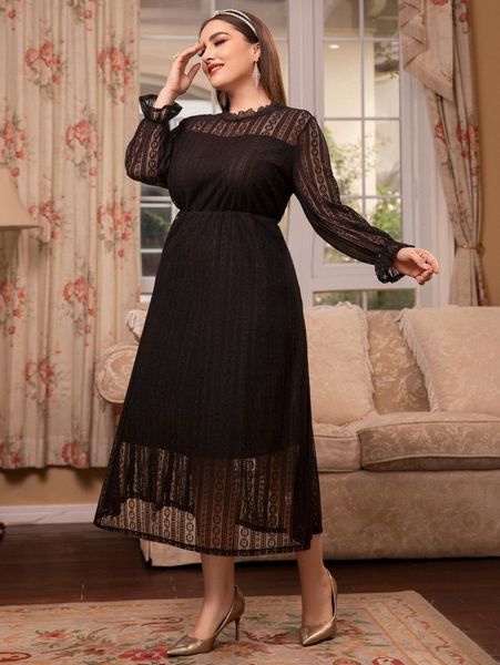 

plus flounce sleeve frilled neck lace dress i34g#, Black