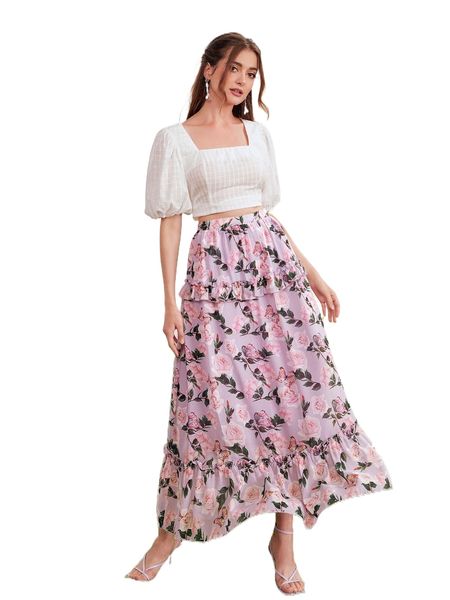 

allover floral print ruffle hem skirt q2r0#, Black