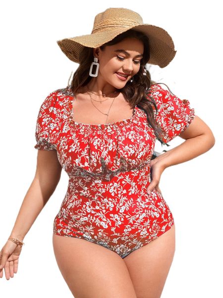 

plus floral frill trim one piece swimsuit v1m6#, White;black