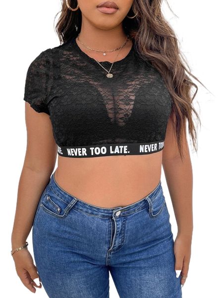 

plus letter tape panel lace crop b4tv#, Black