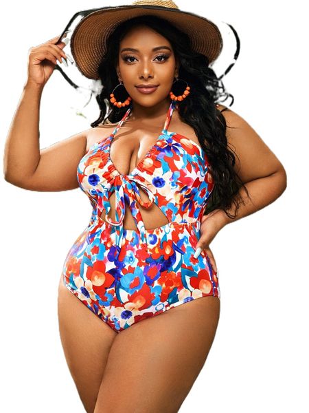

plus floral print cut out tie back halter one piece swimsuit 66gu#, White;black