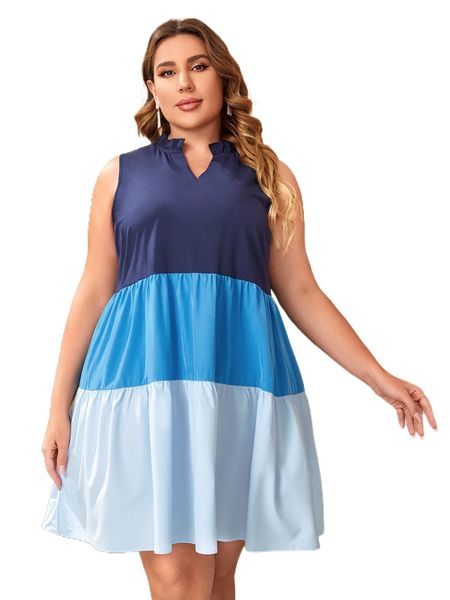 

plus colorblock notched neck smock dress 114x#, Black