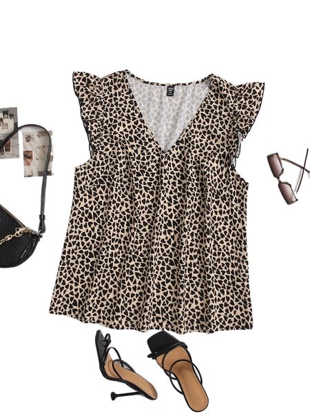 

plus allover heart print ruffle trim blouse 129p#, Black