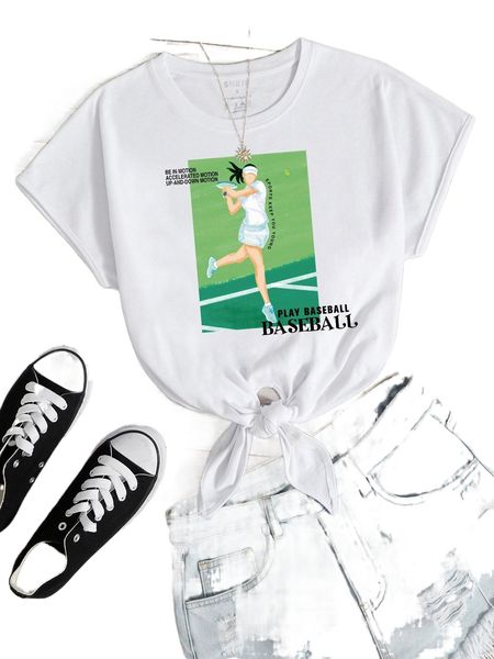 

figure & slogan graphic tie front tee 21b4#, White