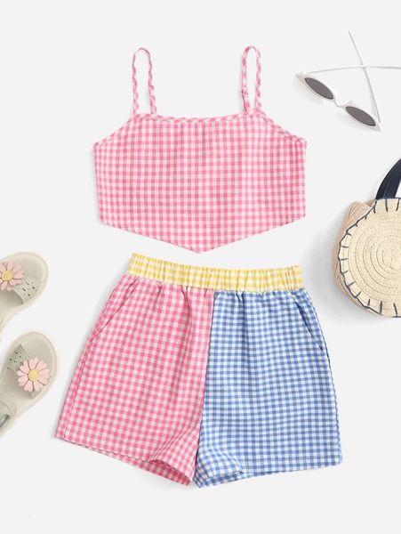 

girls gingham shirred cami & shorts set she, White