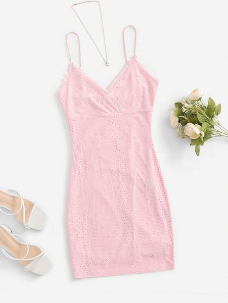 

lace trim surplice neck eyelet embroidery slip dress j8me#, Black;gray