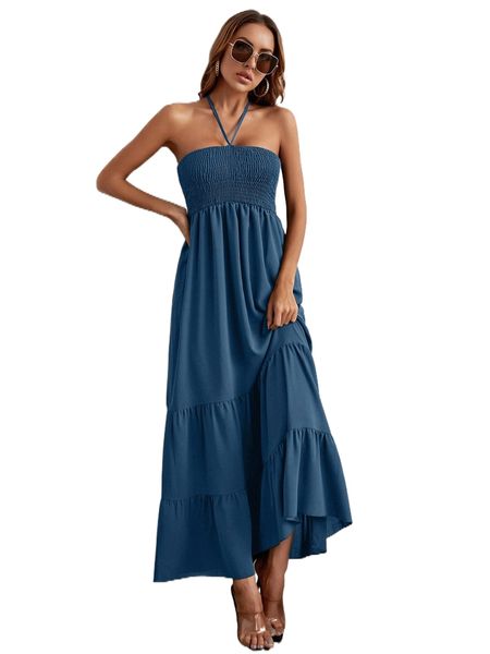 

shirred ruffle hem halter neck dress v3pp#, Black;gray