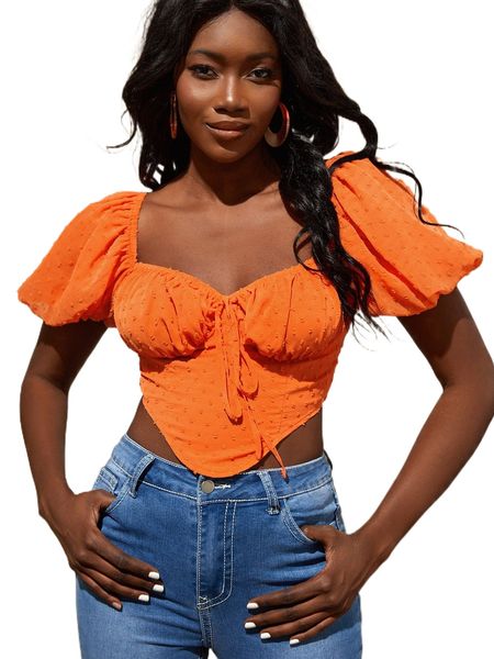 

swiss dot ruched bust puff sleeve asymmetrical hem crop chiffon blouse q0yy#, White