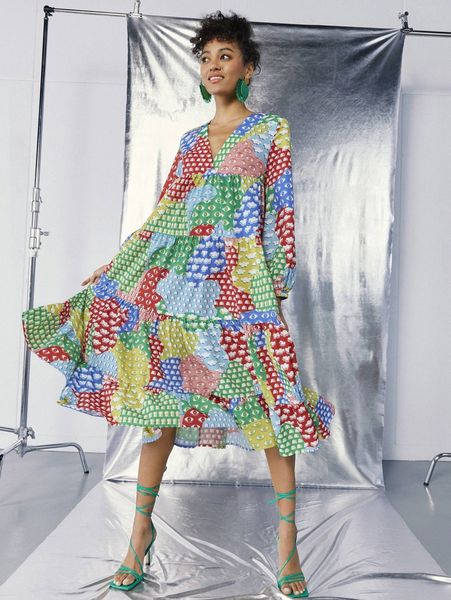 

x priscila iaria patchwork print lantern sleeve ruffle hem dress h0io#, Black;gray