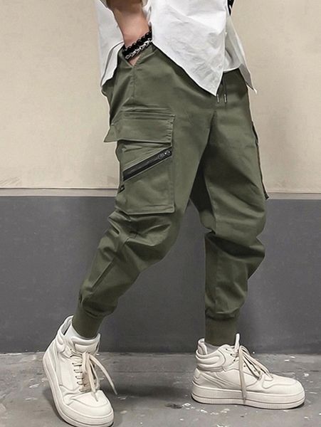 

men flap pocket side drawstring waist cargo pants j1sv#, Black