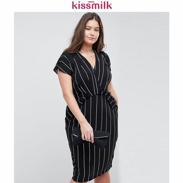 

kissmilk plus size women summer vertical stripe simple print wrap v neck ruffles short sleeve bodycon office lady midi dress y200418, Black;pink