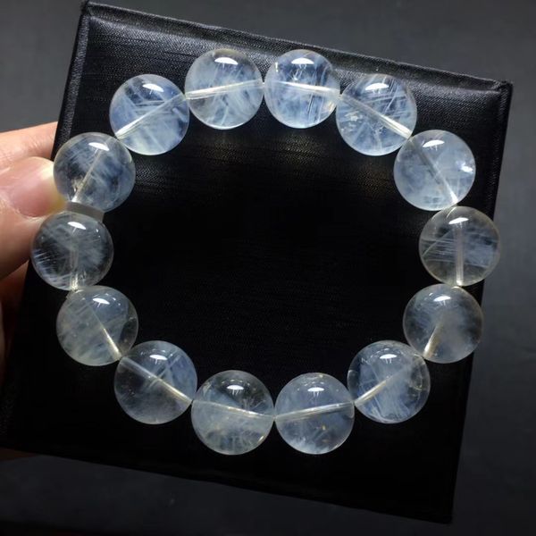 

natural blue feather needle rutilated quartz crystal bracelet clear round beads 14.5mm pyramid women men stretch aaaaaa, Silver