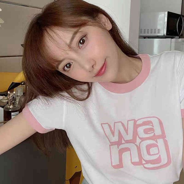 

women's t-shirt spring and summer aw dawangjia net red contrast color edge cotton short sleeve t-shirt women ins shirt, White