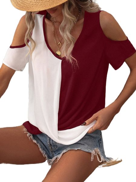 

two tone cold shoulder blouse 98hk#, White