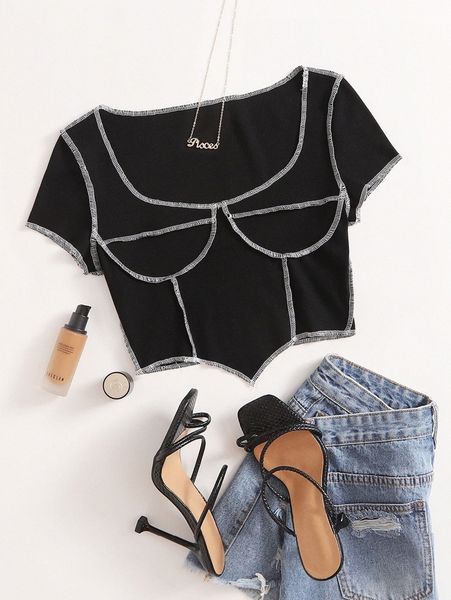 

contrast stitch bustier tee 42gk#, White