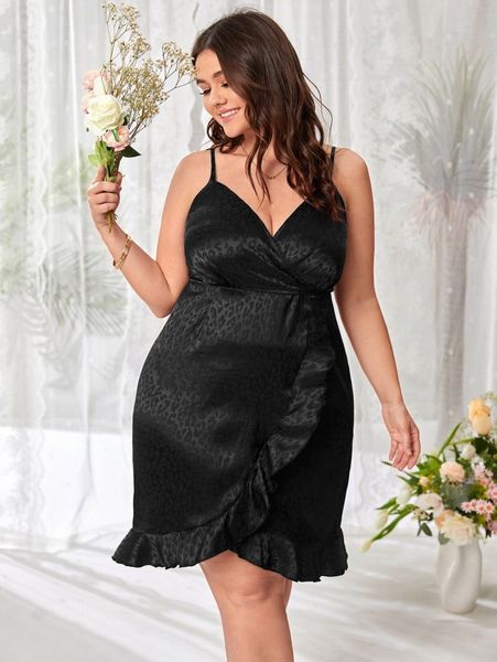 

plus leopard jacquard ruffle tulip hem satin dress q3mk#, Black