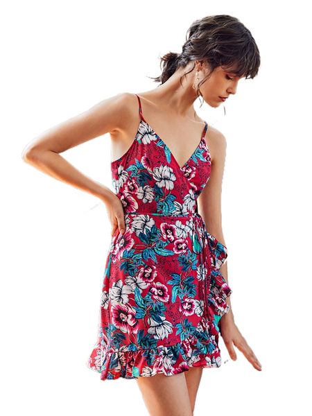 

x marcella brit wrap tie side floral cami dress p6hp#, Black;gray