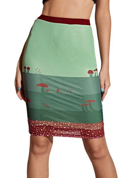 

x squid house mushroom & dot print mesh skirt 35dl#, Black