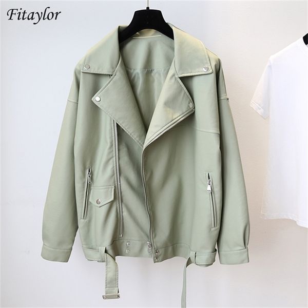 

fitaylor spring women loose pu faux leather jacket with belt streetwear moto biker black coat bf style oversized outwear 210908