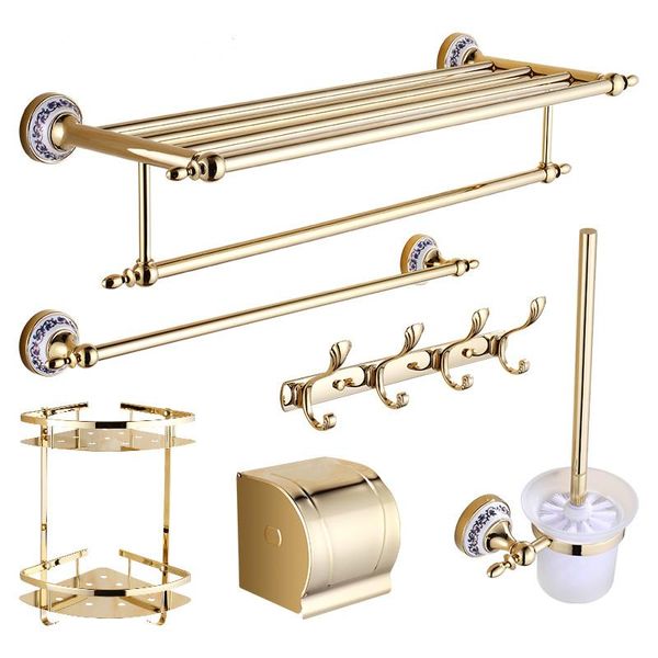 Set di accessori da bagno Set di accessori da bagno in ceramica oro europeo Set di accessori cromati in ottone fissato al muro Qy1Bath