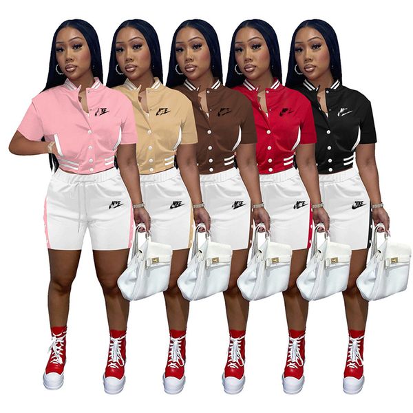 

Designer 2024 Brand Two Piece Sets Tracksuits Women Baseball Uniform Skinny Summer Outfits Short Sleeve Button Up Jacket and Drawstring Shorts Pockets 7783-a s
