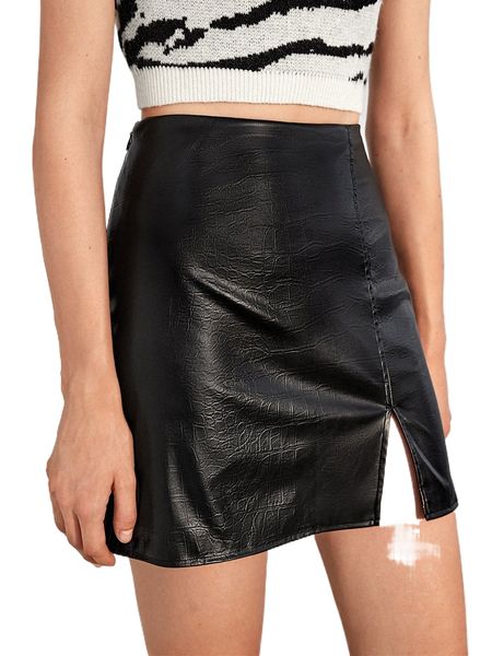 

split hem crocodile pu leather skirt s5zm#, Black